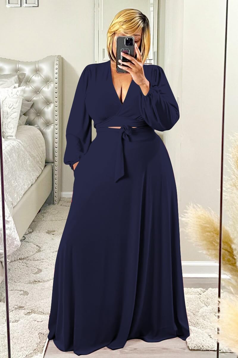 Plus Size Women's 2 Piece Outfits Casual Long Sleeve Wrap Crop Top Maxi Long Dress Flowy Matching Sets - Image 2