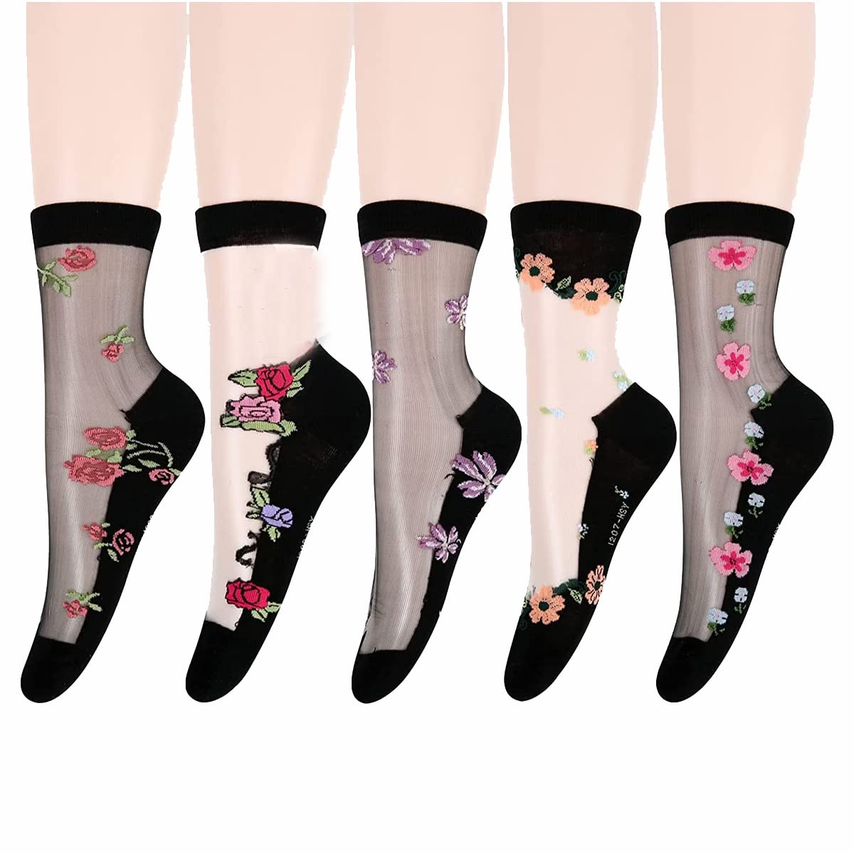 nicsy Women's Girls Multi Design Socks Transparent Ankle Length Plain Floral Socks pack 5 (Floral Socks)-picture-18