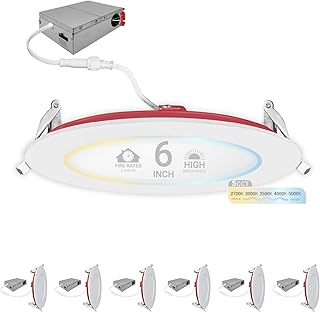 NUWATT 2 Hour Fire Rated Recessed Lighting 6 Inch Wafer LED Lights, 2700K/3000K/3500K/4000K/5000K Selectable, Dimmable 1200LM, 15W, Wet & IC Rated, 90 CRI Canless Light, No Tenmat Needed, ETL, 6 Pack