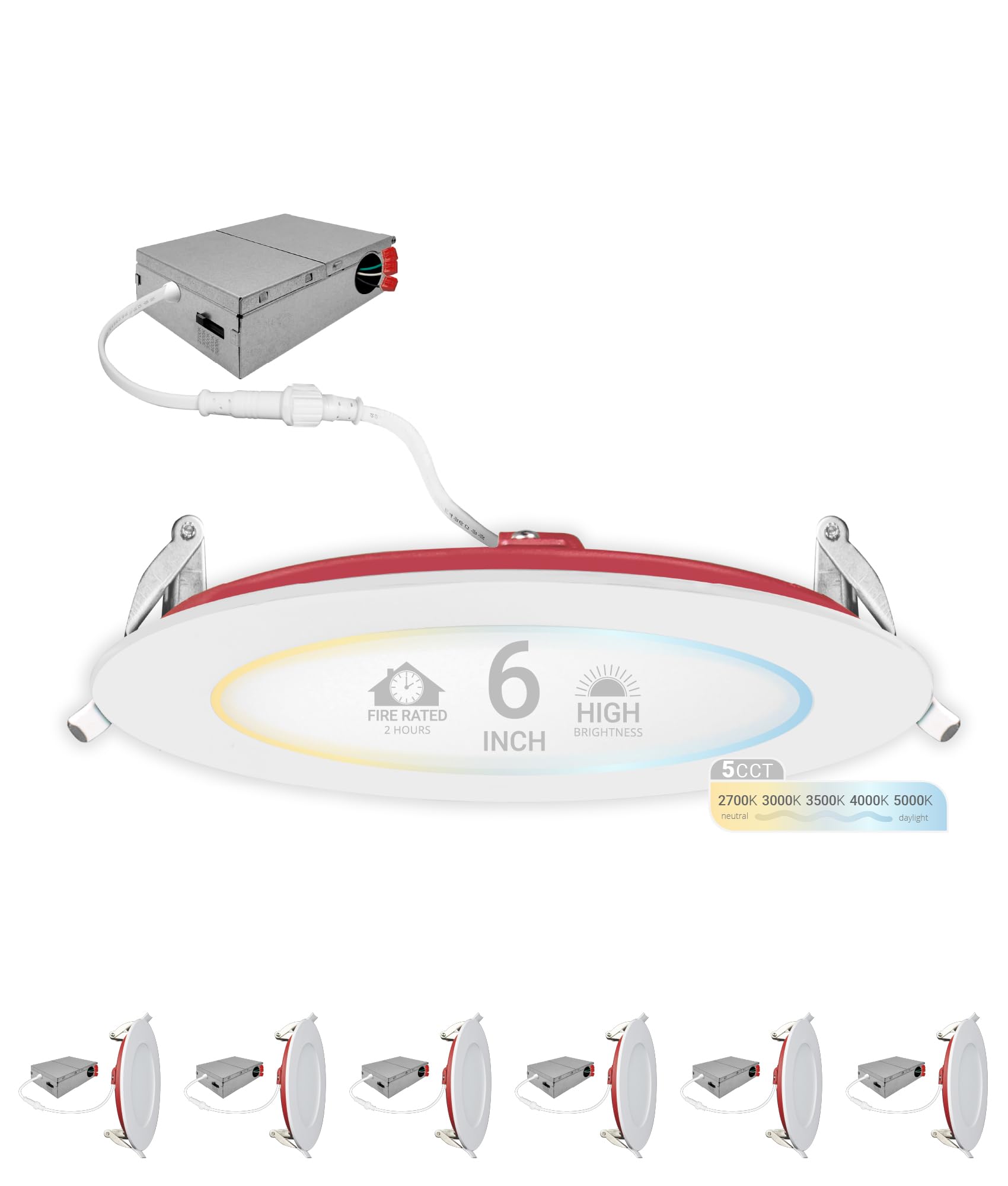 NUWATT 2 Hour Fire Rated Recessed Lighting 6 Inch Wafer LED Lights, 2700K/3000K/3500K/4000K/5000K Selectable, Dimmable 1200LM, 15W, Wet & IC Rated, 90
