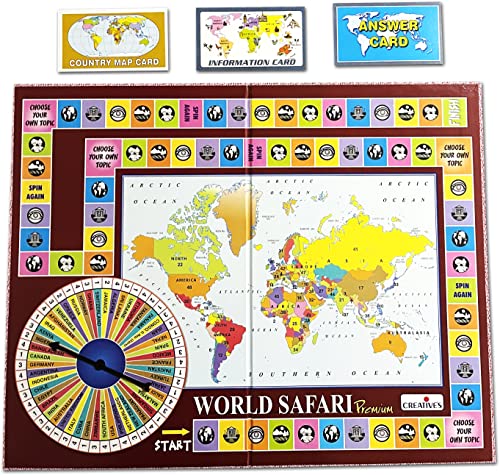 Image of Creative's World Safari Premium Educational Geography Board Games for Kids Age 9+, World Map Quiz Game with 864 Questions & Answers Countries, Capitals & General Knowledge Learning Game 2-6 Players