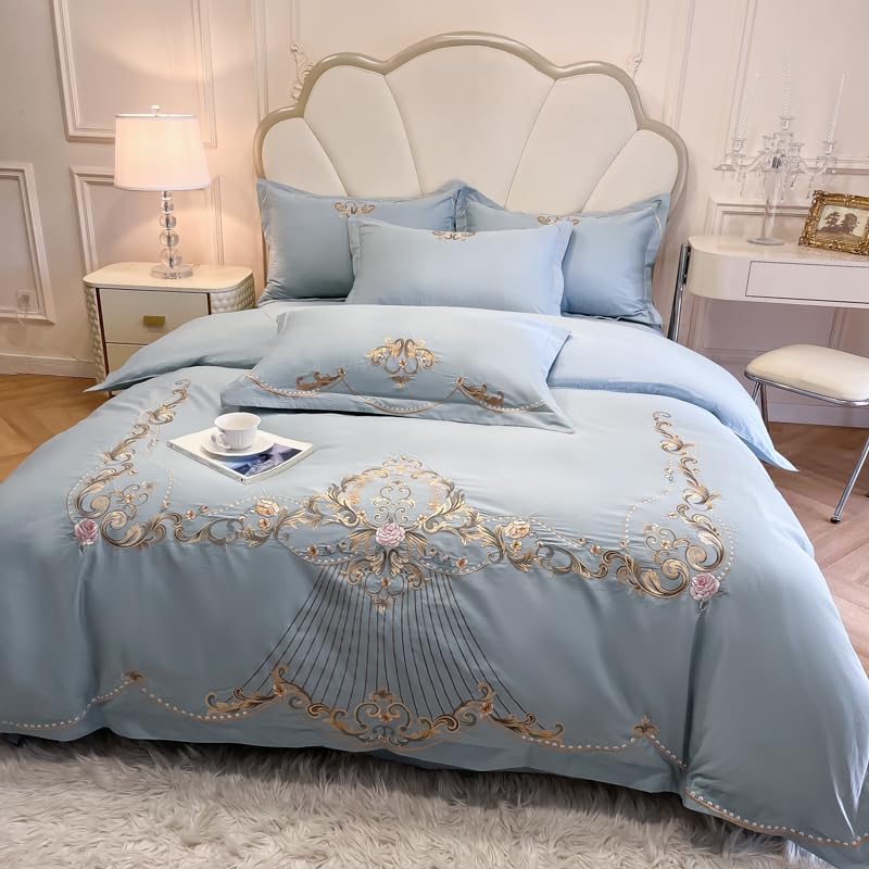 Image of JJ's Imported Skin Friendly Pure Washed Cotton Heavy & Beautifully Embroidered Wedding Style 5 Pcs King Size Double Bed Luxury Bridal Bedding Set with Heavy Comforter /Quilt (Sky Blue 2)