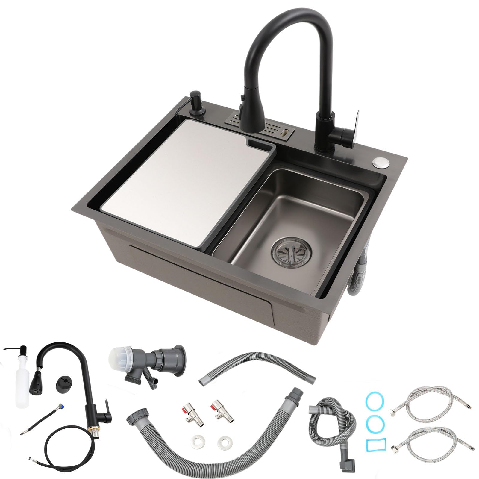 Fregadero de acero inoxidable 60 x 45 cm negro con grifo extraíble | 1 platillo, montaje empotrado, incluye tabla de cortar, lavabo interior, tubo de drenaje y dispensador de jabón