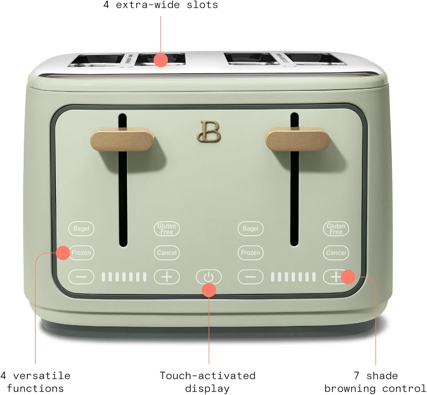 4 Slice Toaster with Touch Control Panel, 1800W Fast Heating, 7 Toast Shade Levels, Extra Wide Slots for Bagels, Removable Crumb Tray (Sage Green)