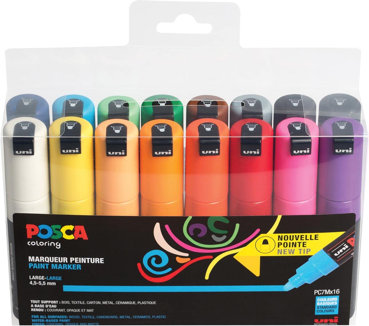 Pochette de 16 marqueurs pointe large conique PC-7M POSCA couleurs assorties