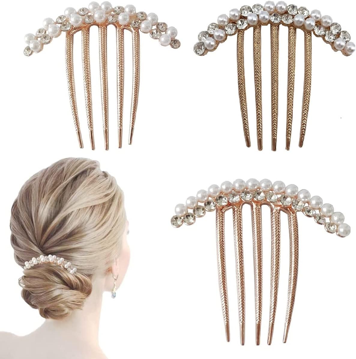 PALAY® 3 Pcs Pearl Claw Hair Clips Side Comb Rhinestone French Hairpins Metal Decorative Hair Bun Clips Hair Accessories for Women Girls Gift