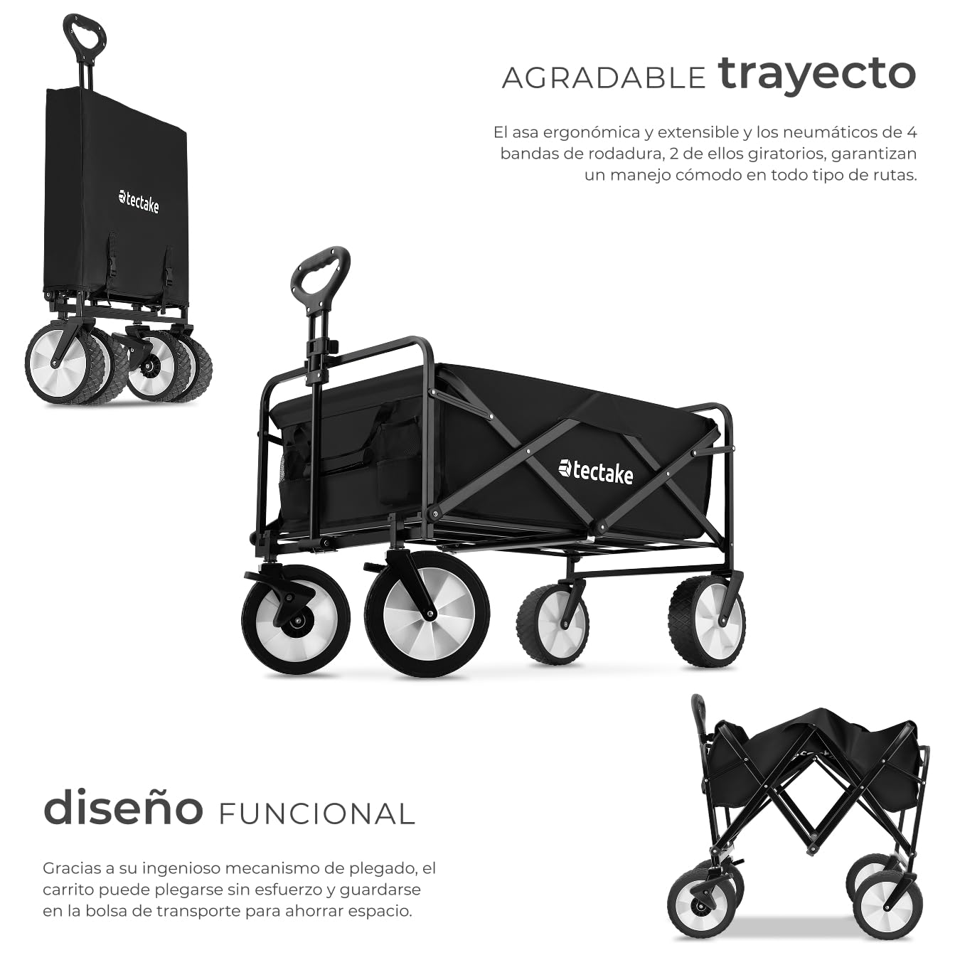 tectake® Carro Plegable para Jardín, Carro Transporte en Acero, Carrito Playa con Asa Telescópica, Carretilla Jardín con Lona Extraíble, Carro Camping Multiuso con Bolsa Transporte, Carga 80 kg, Negro