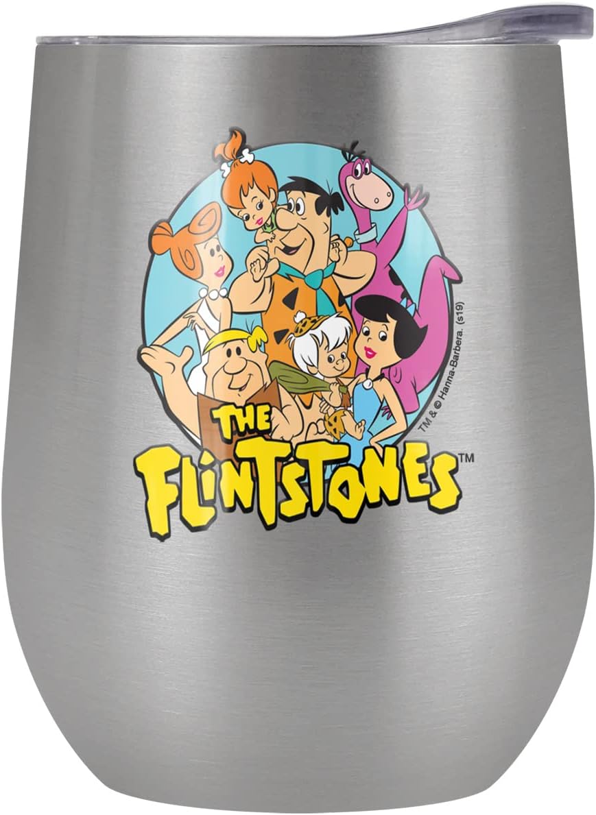 Flintstones OFFICIAL Group 12 OZ Stemless Wine Tumbler, Stainless Steel Travel Cup|Lake Tumbler|Insulated with Leak Resistant Slide-Lock Lid, White