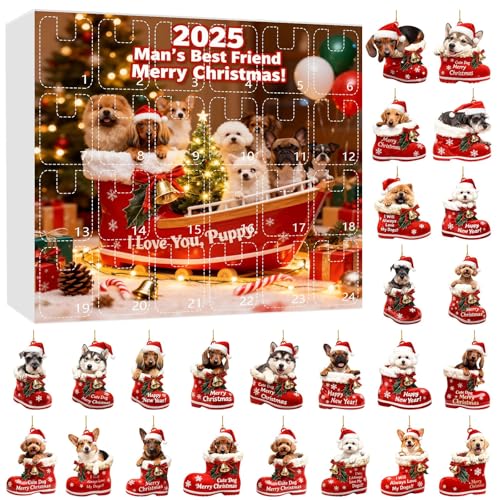 Calendario de Adviento para perros 2025, 24 piezas 2D lindos perros y botas, adornos colgantes para árbol de Navidad, calendario de Adviento de 24 días de Navidad, regalos para amantes de los perros