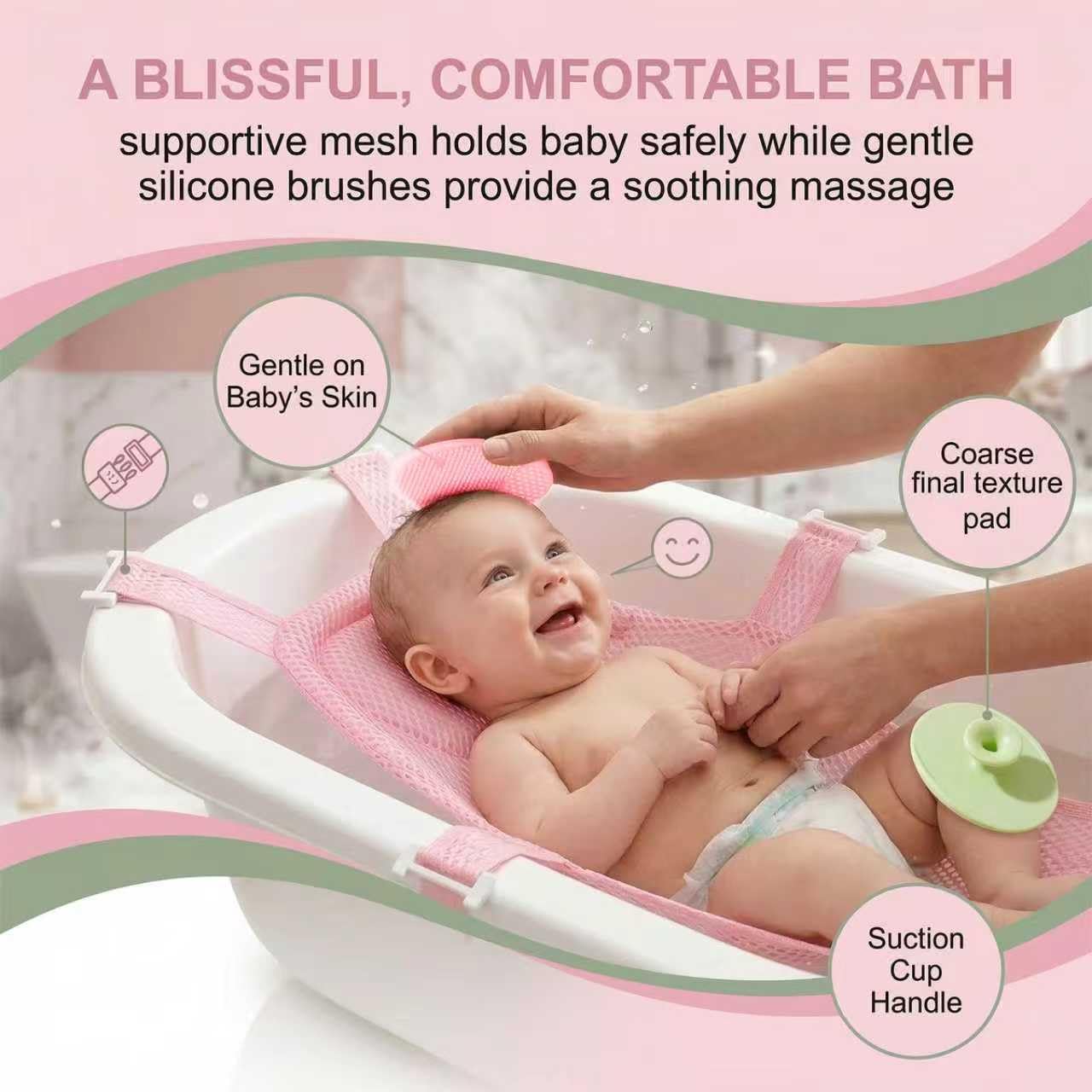 1 Pièce Hamac de Bain Antidérapant pour Bébé, Support de Siège pour Nouveau-né, Pliable et Portable, Deux Brosses à Shampooing Incluses (5 Coins) (Rose)