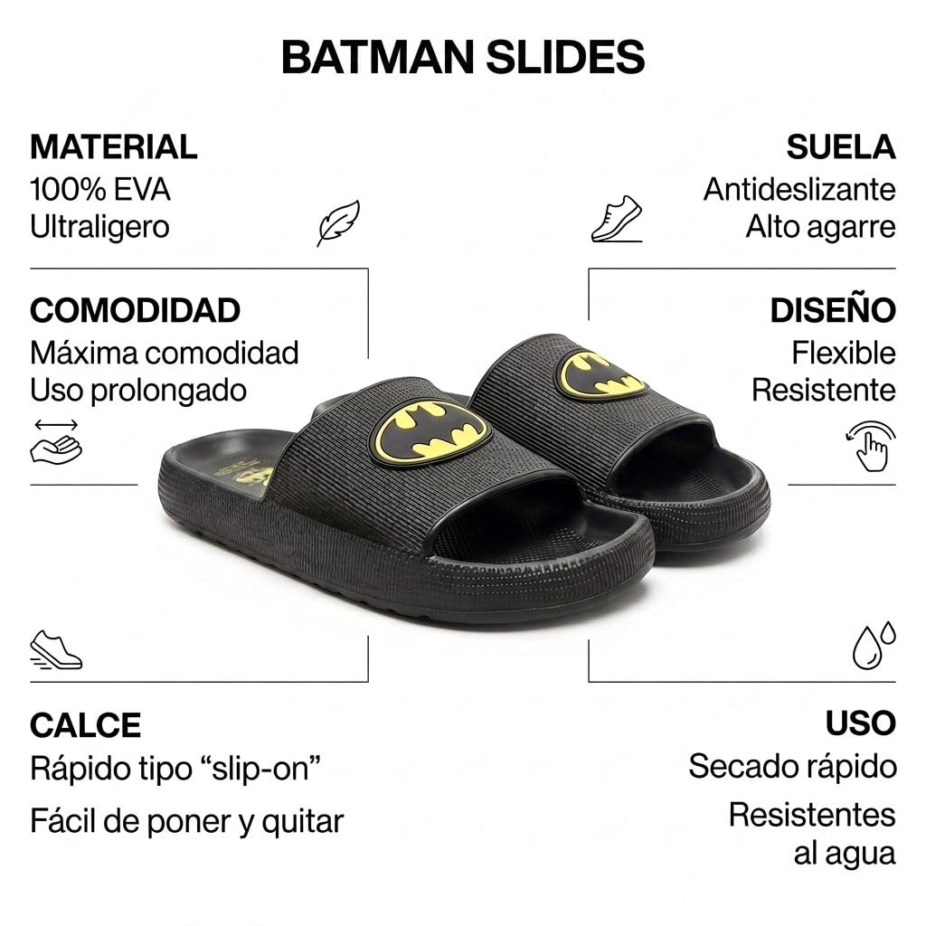 Batman Badelatschen Kinder – Cerdá Schiebe-Sandalen für Jungen und Mädchen, leicht, rutschfest, EVA-Material, Strand, Pool, Schwimmbad und Sommer