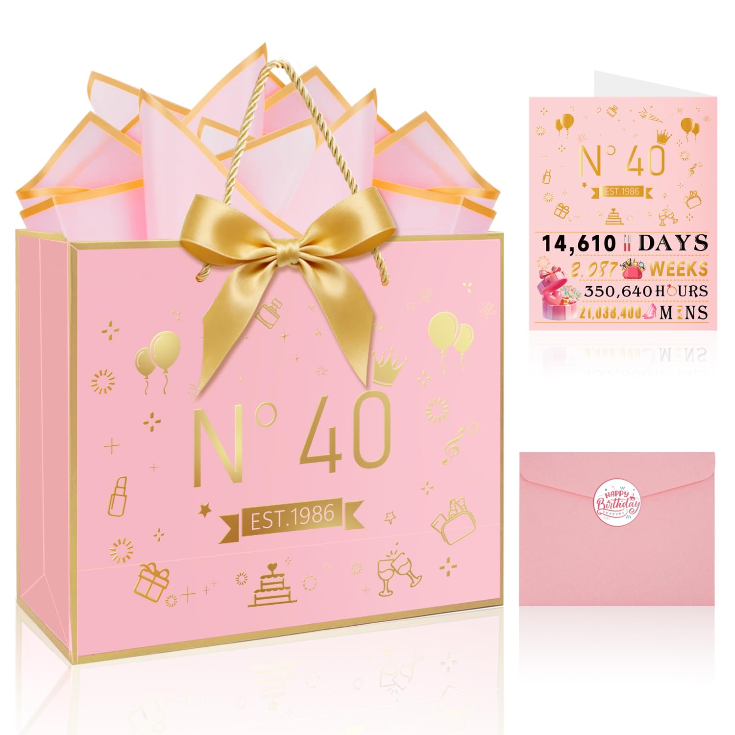 OLOSONG Happy 40th Birthday Gift Bag for Women,with Handles Design,40 years Time Greeting Card, Envelope Sticker Bow Ribbon and Tissue papers for Women Girls （13“Pink+Gold Hot Stamping）