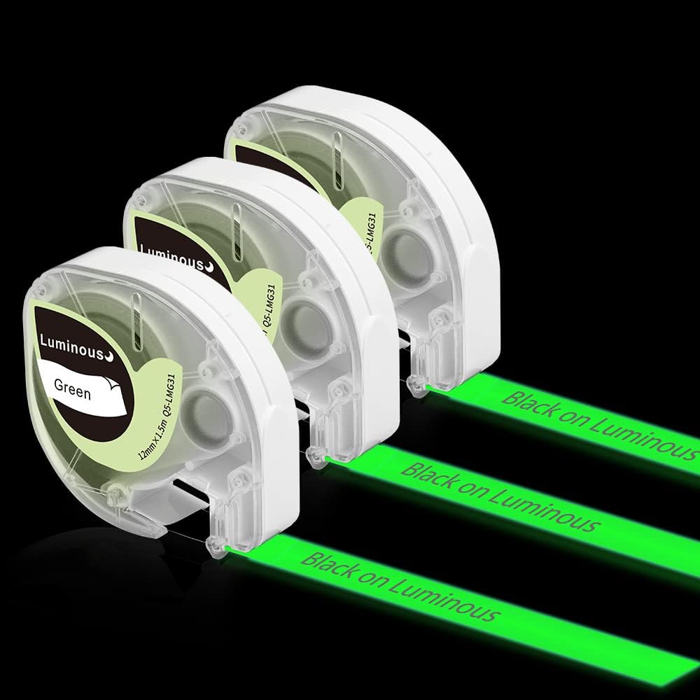 Phomemo P12 Lot De 3 Rubans D'étiquettes D'origine 12 Mm X 1,5 M Noir Sur Luminous Q5-LMG31 Ruban D'étiquettes Autocollant En Plastique Imperméable Pour Imprimante D'étiquettes Phomemo P12/P12