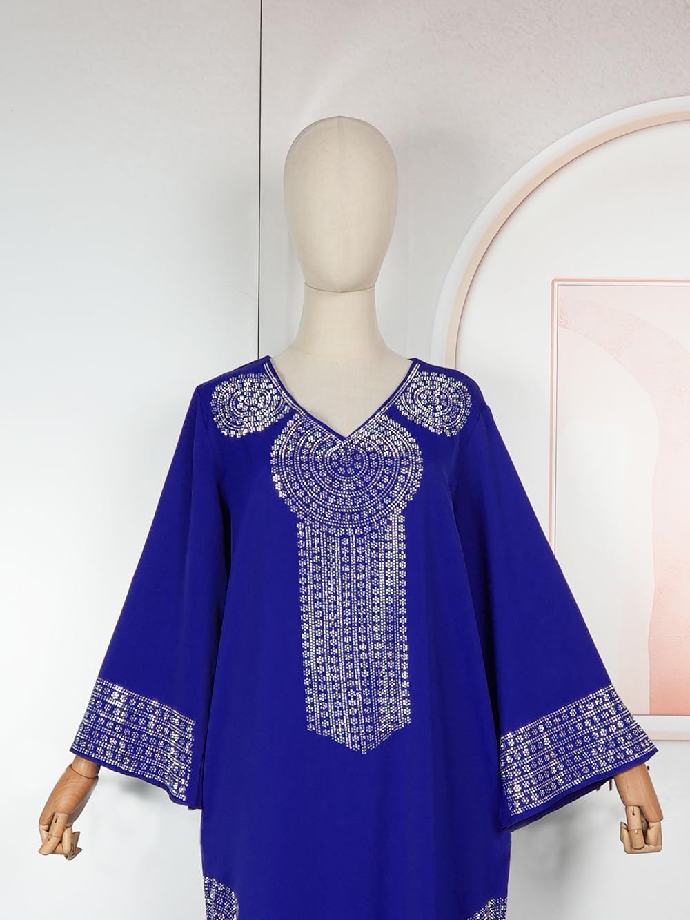HD Rhinestone Pattern Muslim Gown Fancy Chiffon Abaya Dress for Women with Heard Wrap