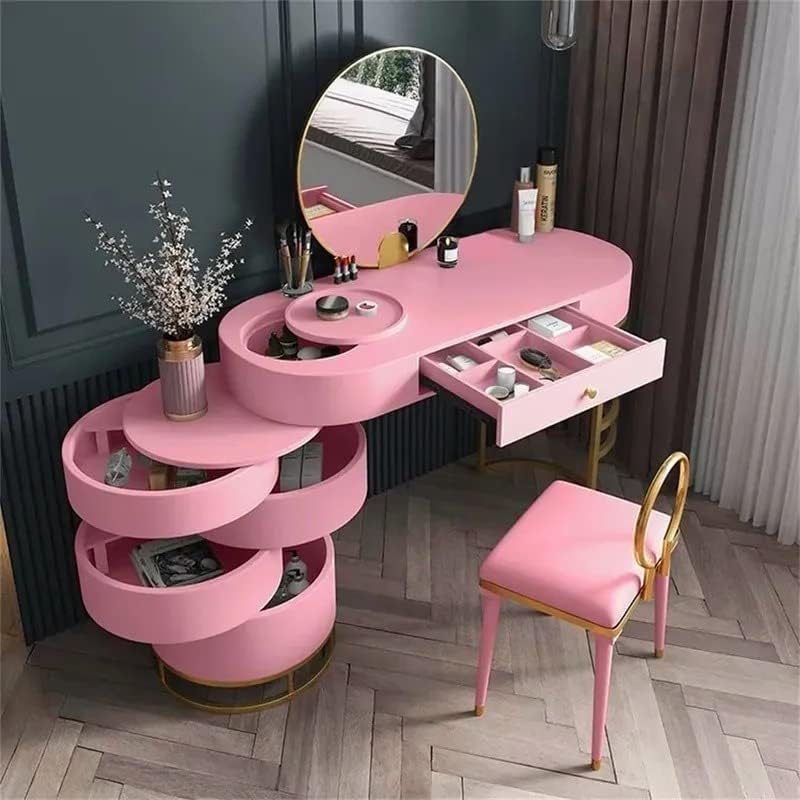 NG Decor Pink Girls Makeup Vanity Set with Side Cabinet 4 Drawers Dressing Table (Mirror & Chair Included)-image-49