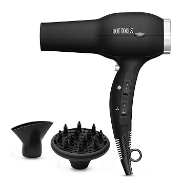 Hot Tools Pro Artist Turbo Ionic Hair Dryer, 1875W High Airflow for Fast Drying, Lightweight Design, Frizz Control, Diffuser and Concentrator, Multiple Heat Settings, Cool Shot, Black