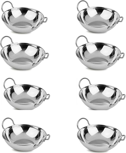 Set of 8 - Stainless Steel Balti Dishes Karahi Curry Deep Serving Indian Dishes Bowls with Handle - 16 cm