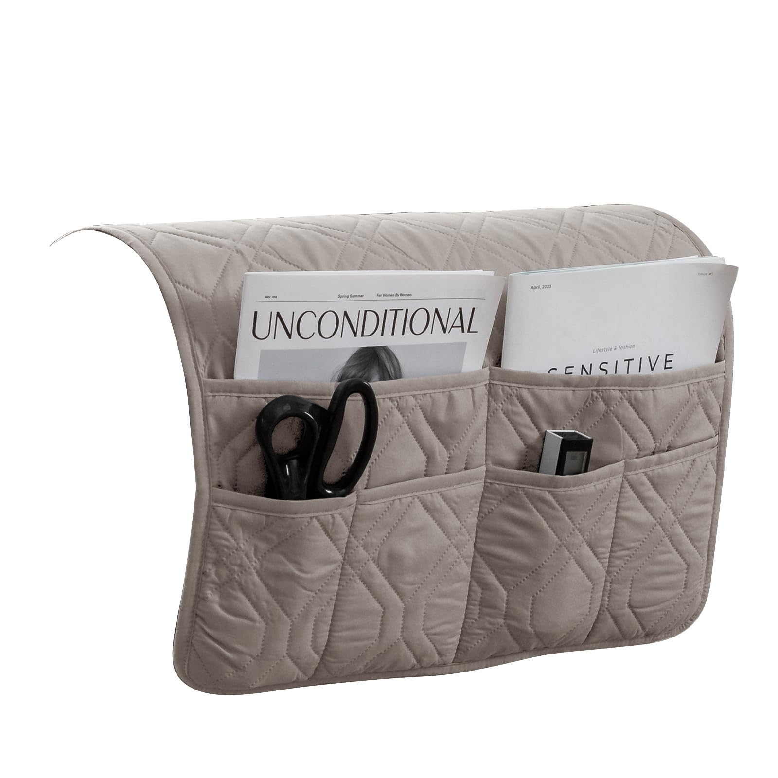 XDKS Sofa Armrest Organizer Caddy Anti-Slip Armchair Storage Bag Remote Control Holder for Recliner Couch with Pockets for Cellphone Magazines Glasses Space Saver Bag (Khaki)