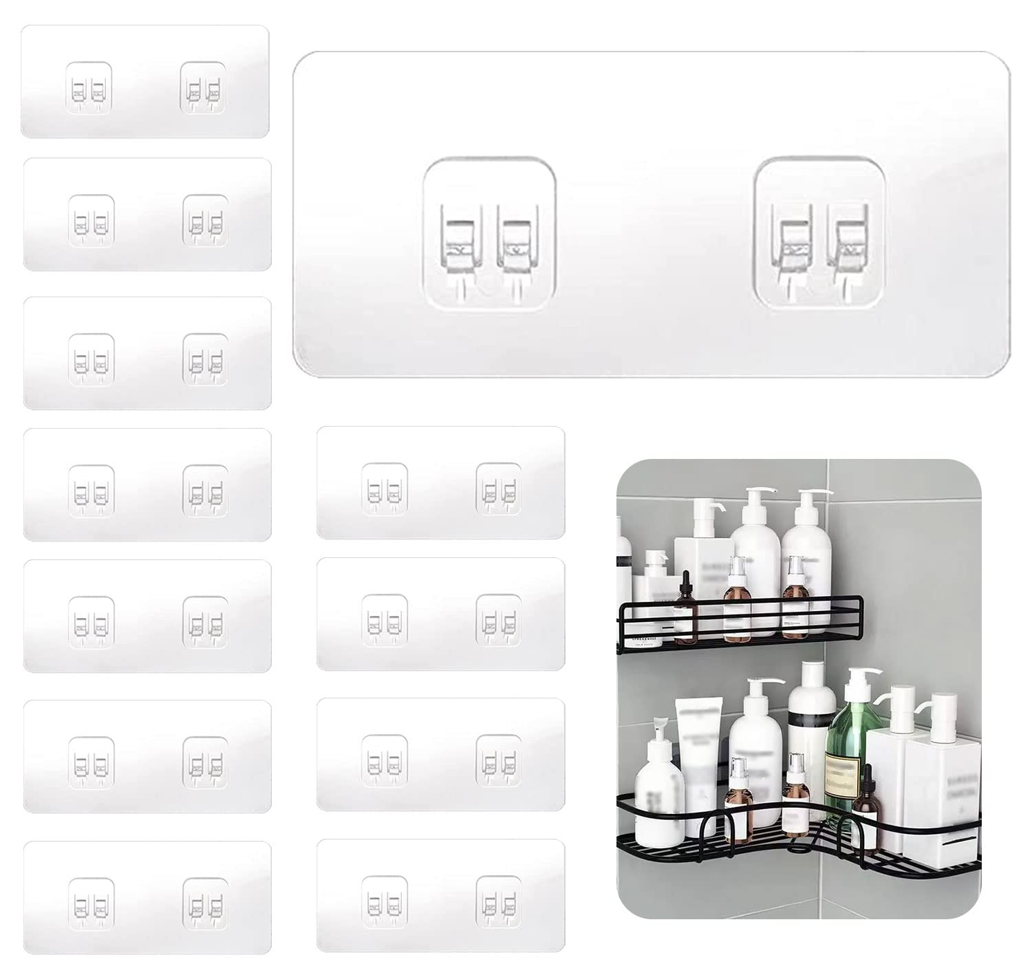 SUBTAVIK12 Pcs Shower Caddy Adhesive Hooks Replacement, Corner Shower Caddy Adhesive Sticker Hooks Transparent Sticky Hooks for Bathroom Kitchen Shower Caddy Corner Shelf (Double Hook)