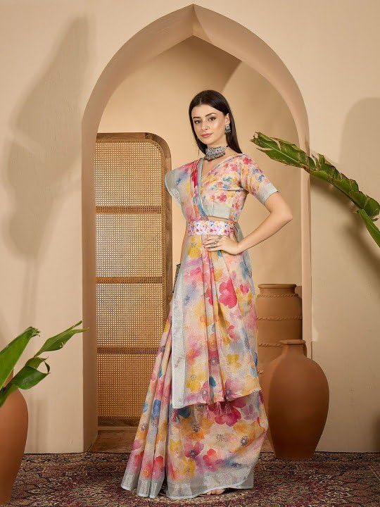 Women multi colour Floral Print Saree, Multicolor, Tissue Fabric, Silver Zari Border, Watercolor Design