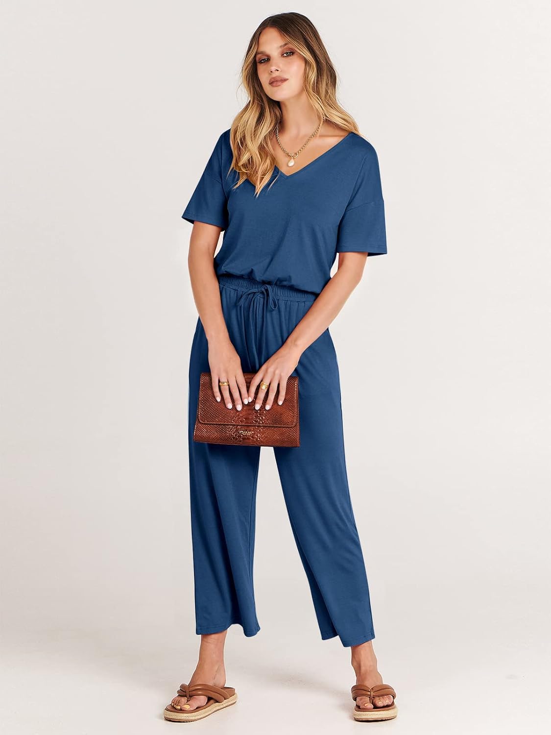 ANRABESS Women Summer Casual Short Sleeve V Neck Elastic Waist Wide Leg Cropped Pants Jumpsuits Rompers with Pockets - Image 6
