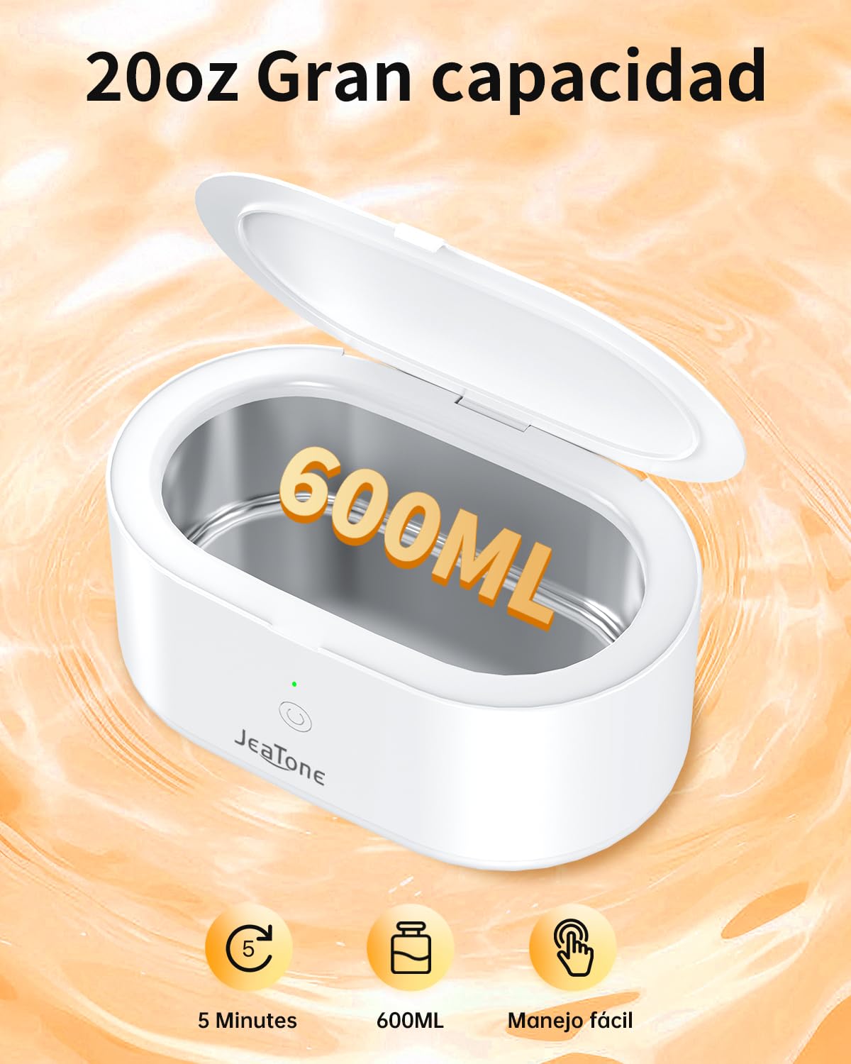 JeaTone Limpiador Ultrasónico, Limpiador Ultrasónico para Gafas 600ml 46KHz, Limpieza Profesional para prótesis Dentales, Retenedores, Alineadores y Artículos para el hogar como Gafas, Joyas, Relojes