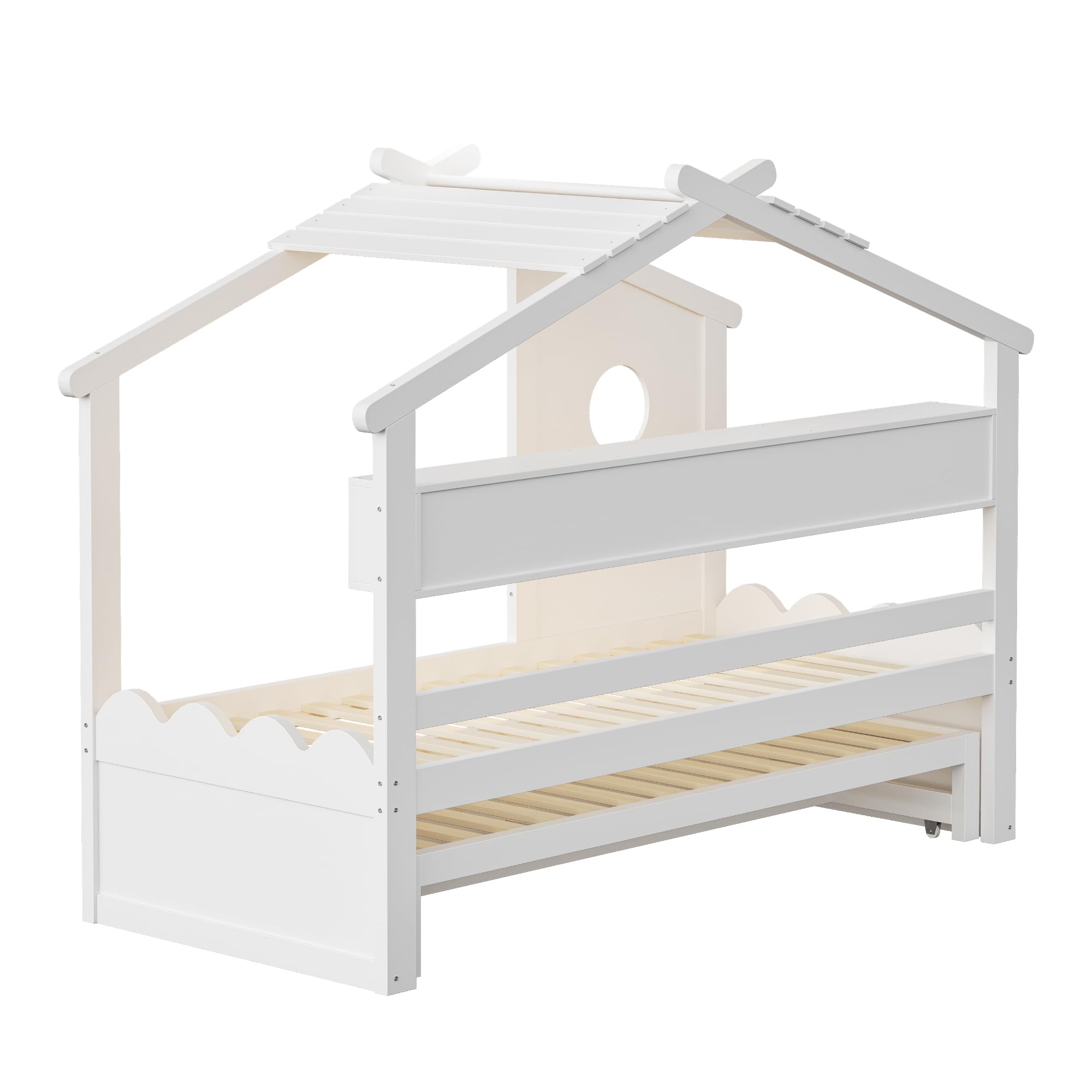 Letto Casetta per Bambini Ragazzi 90x200 con letto estraibile 90x190, Letto a Forma di Casa con LED e Porte di ricarica USB, 2 Cassetti e Ripiani, Struttura letto in Legno Massiccio(Senza Materasso)