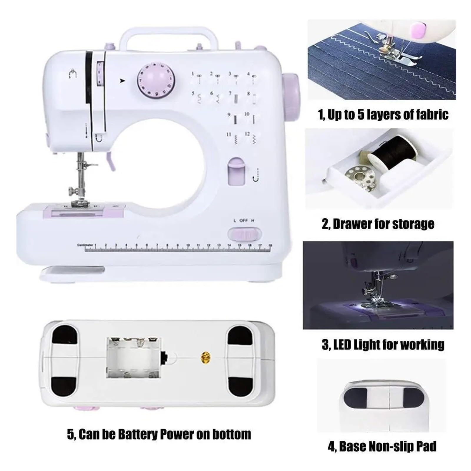 Máquina de Coser doméstica multifunción eléctrica con Bloqueo de Borde, Pedal Grueso, Ojo estándar, 12 Tipos de construcción, portátil y Flexible