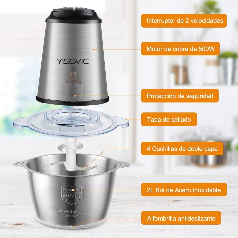 Diagram labeling the components of the YISSVIC food chopper: 2-speed switch, 500W copper motor, safety protection, sealing lid, 4 double-layer blades, 2L stainless steel bowl, and anti-slip mat.