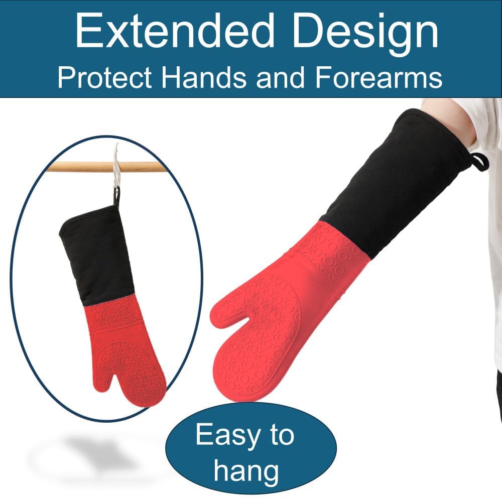 King Mills Extra Long Oven Mitts, 2-Pack, Silicone Heat Resistant to 500°F | Red, Commercial, Heavy Duty, Non-Slip Grip, High Temp Protection for Cooking, Baking & Frying