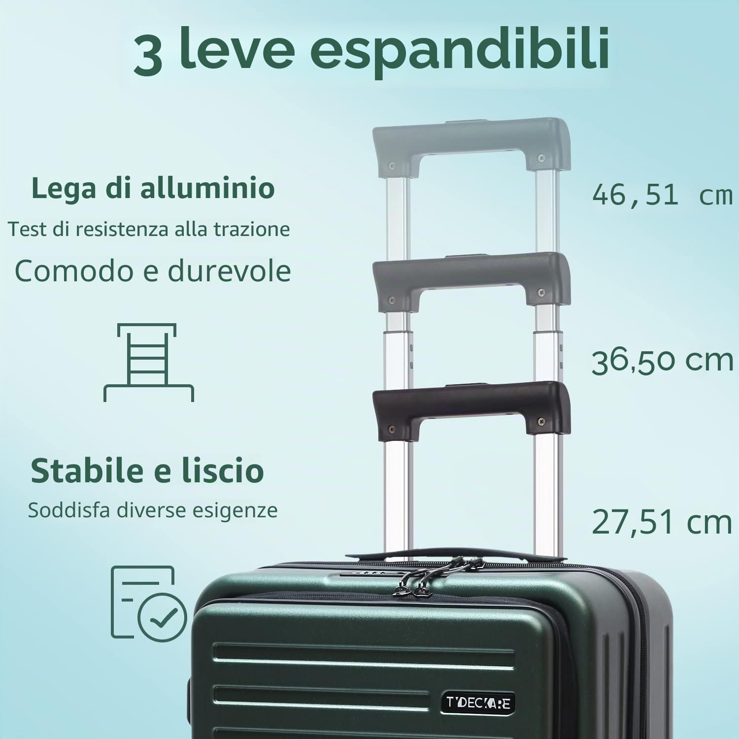 TydeCkare Trolley Bagaglio a Mano 55x40x20 cm, con Tasca Frontale, ABS+PC Rigido Ultraleggero Rigidità 4 Ruote Silenziose, Chiusura a Combinazione, Verde Scuro