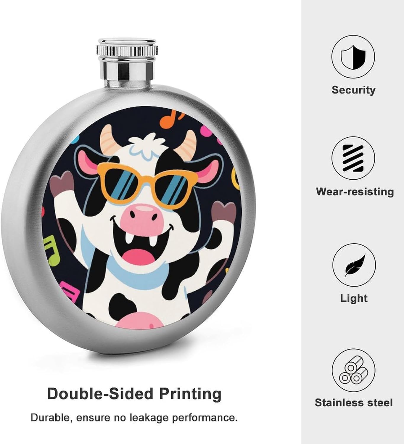 Funny Cows Print Round Flask for Liquor Stainless Steel 5oz Hip Flasks Portable Pocket Flask Leak-Proof Alcohol Bottle Container Gift for Men & Women Wedding Party Camping image 3