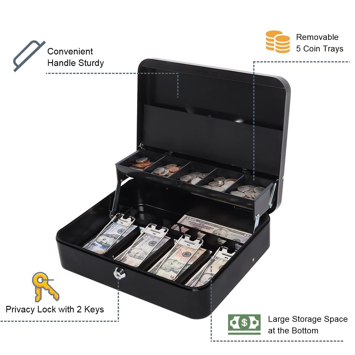 AARKRI SALES Steel Cash Box with Safe Key Lock | Tiered Money Coin Tray and Bill Slots | Portable and Compact | 2 Keys | Cash Box with Money Tray and Combination Lock Metal 3