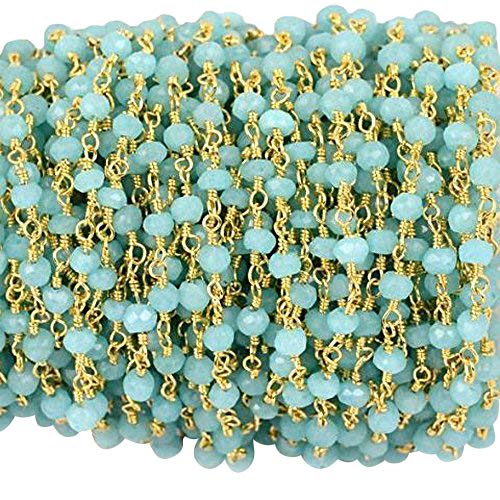 3 Feet 3mm to 3.5mm Gold Plated Wire Wrapped Beads Rosary Chain. Choose Your Gemstone by GemMartUSA (Aqua Chalcedony) (GPAD-30002)