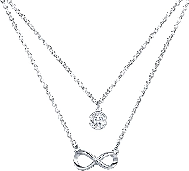 REIOT Women's Infinity Necklace, 925 Sterling Silver Infinity Pendant Necklace with Layered Chain, Ladies Happy Birthday Gift Ideas