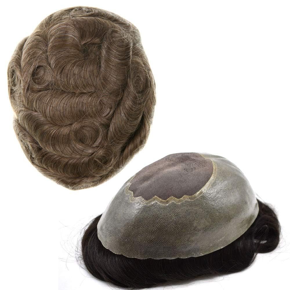 LHC Fine Mono Breathable Mesh Mens Toupee Poly Skin Around Human Hair Replacment (108, #1720 17# DARK ASH BLONDE + 20% SYNTHETIC GREY)