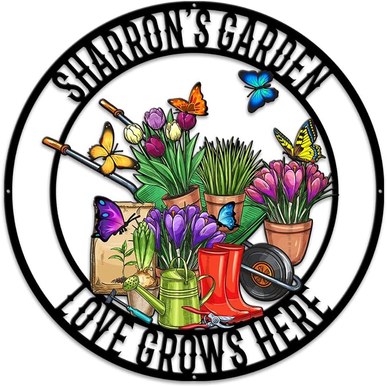 MeMate Flowers Garden Signs Outdoor Decor, Personalized Outdoor Metal Signs, Custom Name Garden Plaques Decoration for Potting Shed, She Shed, Gifts for Gardeners Women Grandma Mom