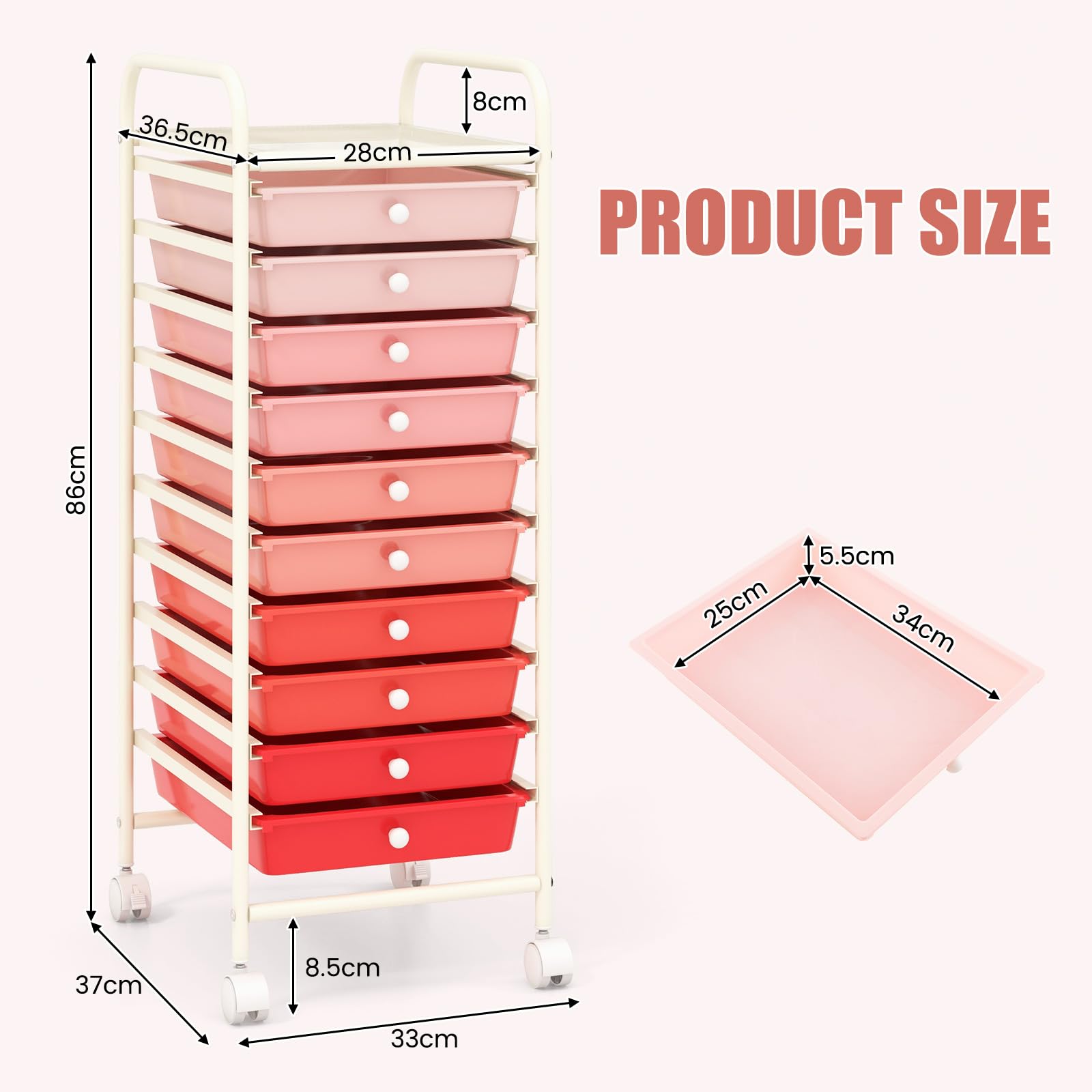 HOMASIS Carrito de almacenamiento con 10 cajones, Carro de servicio con estructura de metal y PP, Carro lateral con ruedas bloqueables para salón, dormitorio, oficina, 38x33x86,5cm (gradiente rosado)