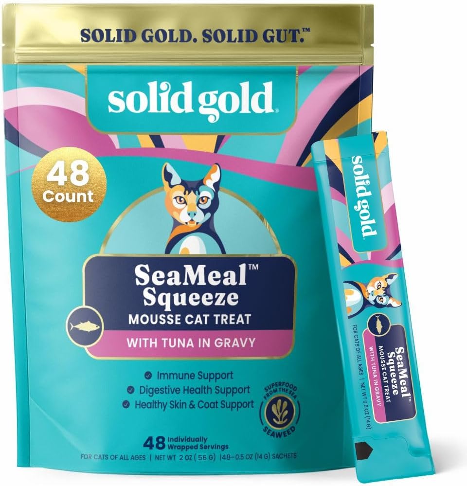 Solid Gold SeaMeal Squeeze Tuna Lickable Cat Treats with Seaweed for Skin & Coat - Wet Cat Treats with Digestive & Immune Health Support - Natural, Holistic, Grain Free (48 Squeezes)