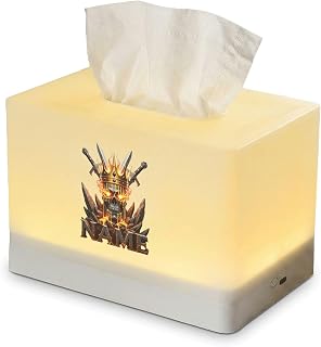 Customizable Skull Night Light Tissue Box Cover with Name, Rechargeable LED Lamp for Bedroom, Gaming Desk Accessory, Flaming Crown and Swords Graphic