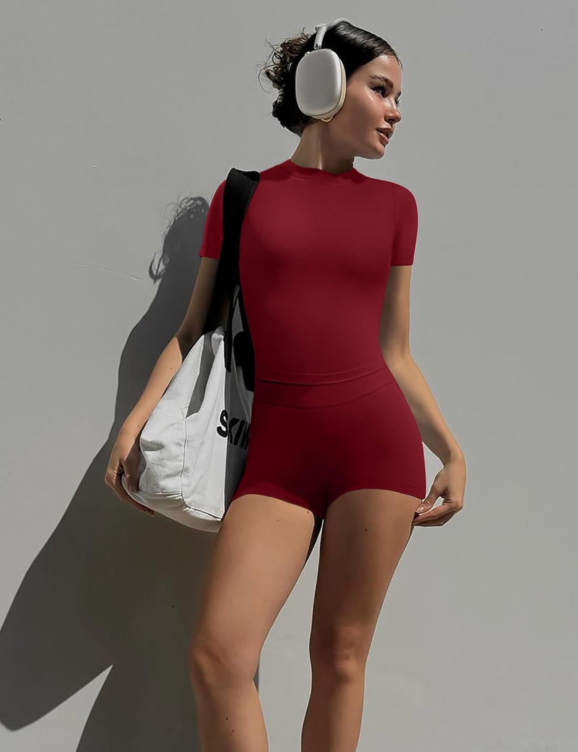 OLCHEE Womens Workout Sets 2 Piece Seamless Summer Outfits Scrunch Butt Shorts Crew Neck T-shirt Matching Clothing Set - Image 3