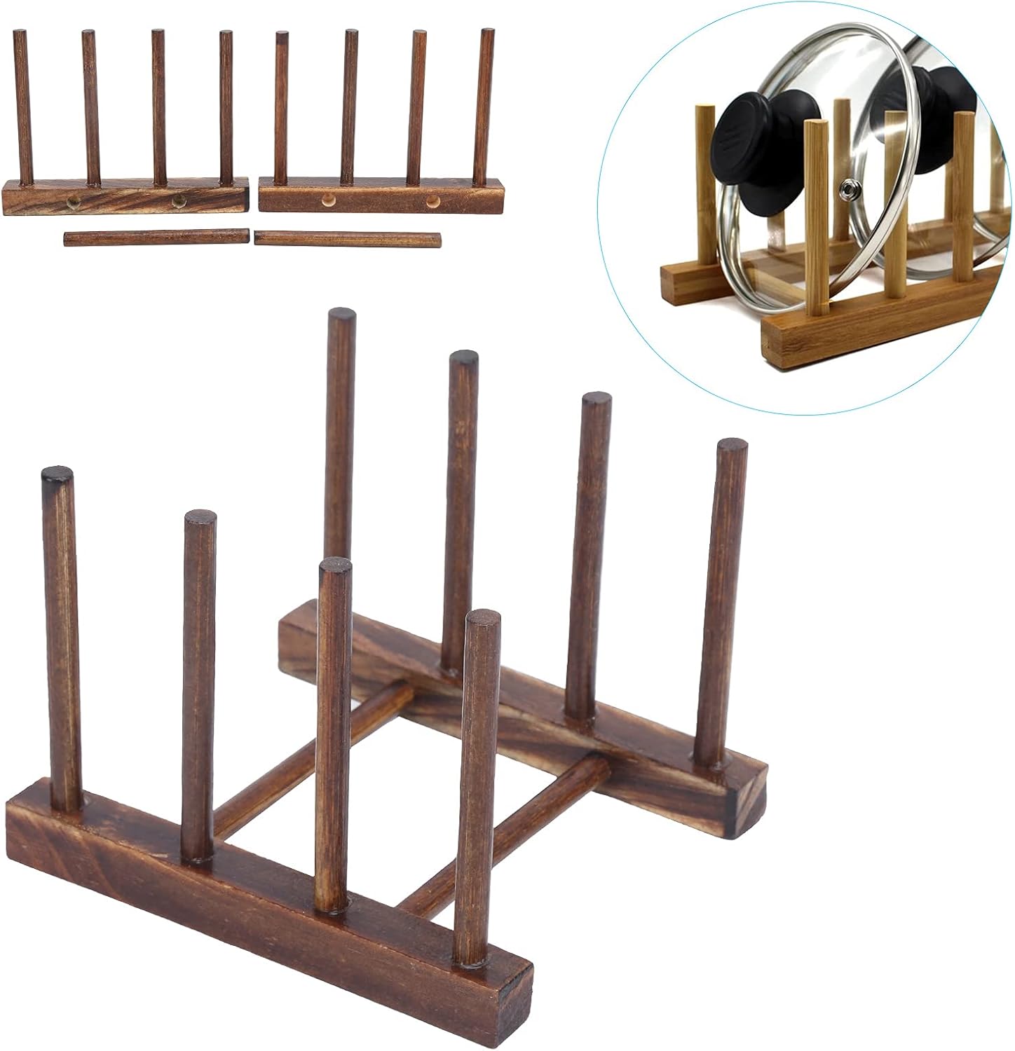 Wooden Dish Rack, Dishes Drainboard Drying Drainer Storage Holder Stand Kitchen Cabinet Organizer, Pot Lid Holder Dish Drying Rack for Dish, Plate, Bowl, Cup Pot(4 Pillar Carbon Fired) - Image 5