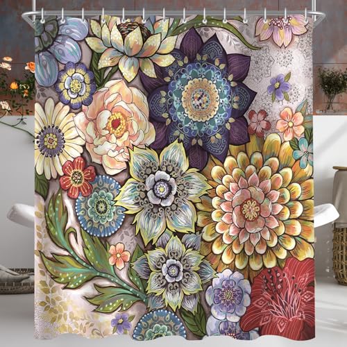 Lerores Shower Curtain, 240 x 200 cm, Bohemian Flower, Weighted Hem, Anti-Mould, Water-Repellent, Washable Polyester Bath Curtains with 16 Eyelets and Shower Curtain Rings for Bathroom, Bathtub