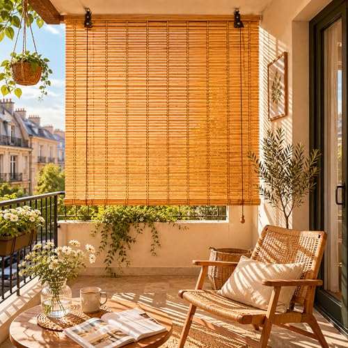 Store Bambou Extérieur Enrouleur, Store en Bambou Naturel pour Balcon Terrasse, Brise Vue Pare Soleil, Filtrant Lumière, Rideau Bambou Intérieur Extérieur,...