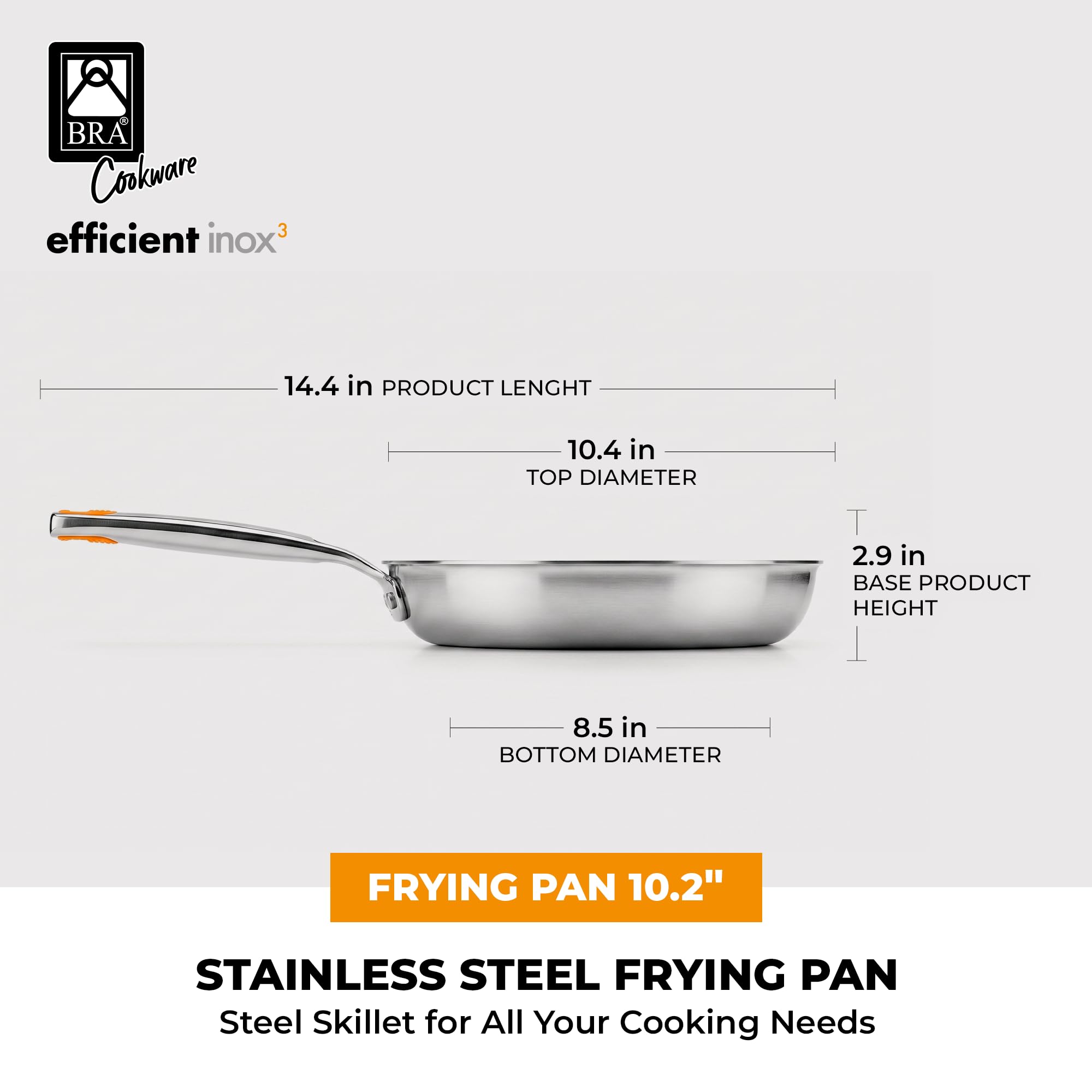BRA Efficient Inox patelnia 26 cm, trójwarstwowa (wewnętrzna stal nierdzewna 18/10 + wnętrze aluminium + zewnętrzna stal nierdzewna 18/0 magnetyczna), nadaje się do indukcji, nie przywieraje, nitowany