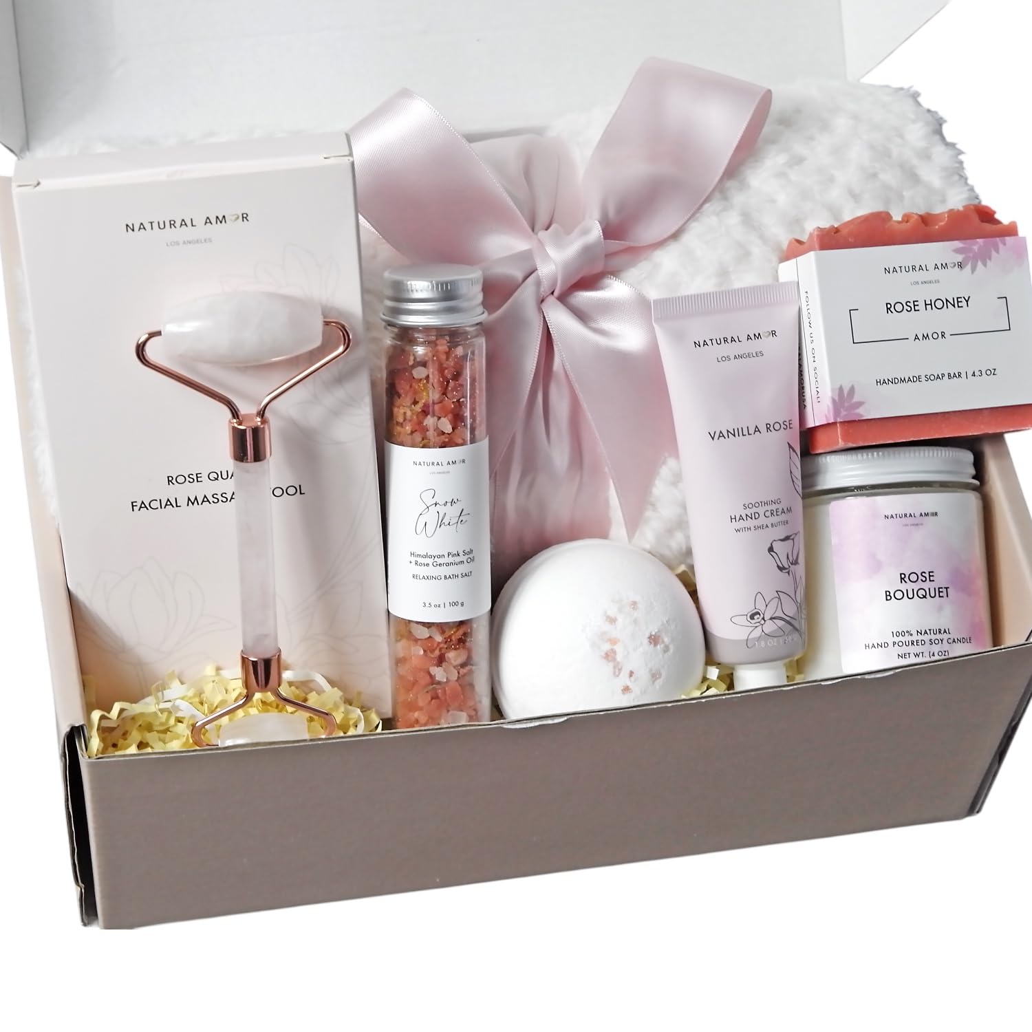 Natural Amor Spa Gift Set with Blanket 7 PCs– Handmade Bath & Body Self-Care Box – Includes Bath Bomb, Candle, Soap, Hand Cream – Perfect for Relaxation & Gifting