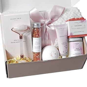 Natural Amor Spa Gift Set with Blanket 7 PCs Handmade Bath & Body Self-Care Box Includes Bath Bomb, Candle, Soap, Hand Cream Perfect for Relaxation & Gifting