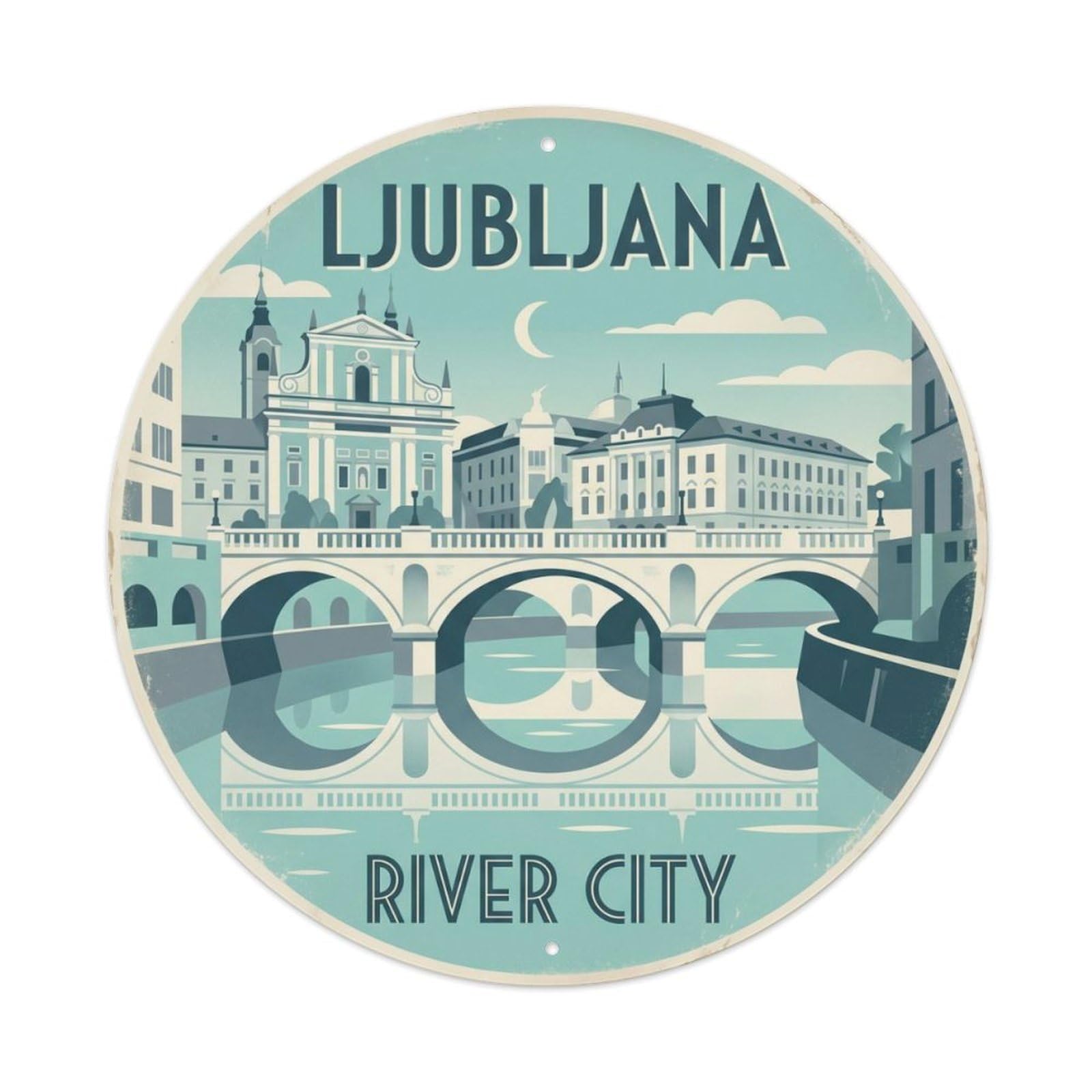 Vintage Travel Bridges Ljubljana Slovenia Metal Tin Sign Plaque Wall Decor for Cafe, Club Bar, Office, Home Garden Round Metal Poster 8x8Inch