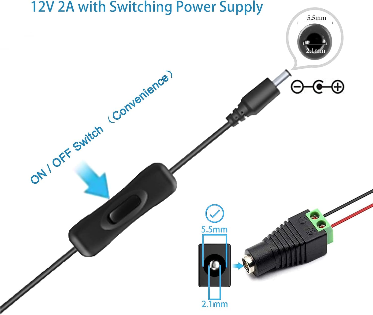 F1TP DC 12V 2A Power Supply Adapter with On Off Switch, 12Volt 2amp Wall Charger for LED Light Strip, DVR/NVR/CCTV Camera, Led Tape Lights, Digital Photo Frame, Router, Yamaha Keyboard