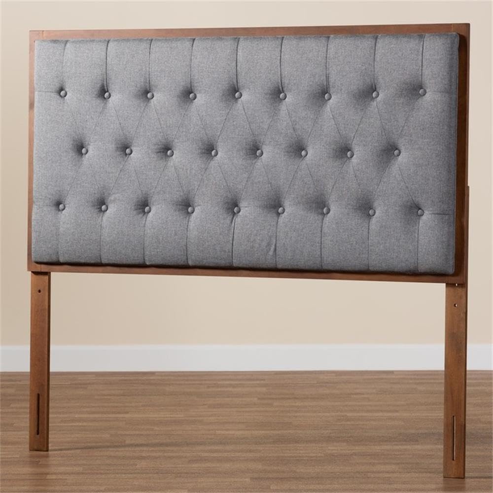 Pemberly Row King Size Headboard, Gray Fabric and Walnut Brown Wood, Button-Tufted Design, Adjustable Height Rubberwood Frame, Foam Upholstered Traditional Bedroom Headboard
